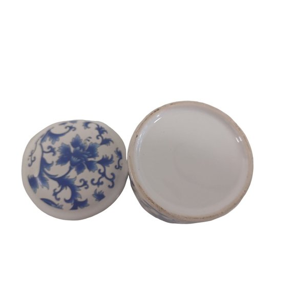 Vtg Round 2"x2.75" Lidded Trinket Box Delft Blue Hand Painted Oriental Porcelain - Picture 5 of 6
